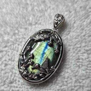 Malagasy Labradorite Pendant with Butterfly & Hummingbird Design (#2)